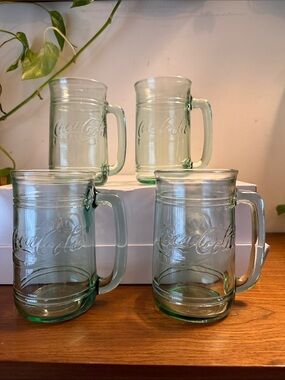 Vintage Coca Cola Light Green Embossed Glass Mugs - Set of 4